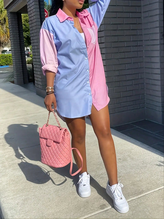 2025 New Women's Color Block Long-sleeved Button Shirt Oversized Loose Lapel Casual Shirt Jacket