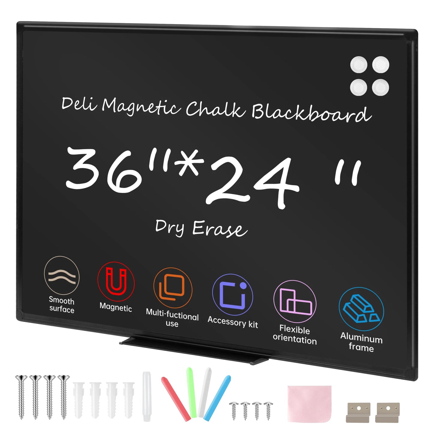 Deli Magnetic Blackboard Dry Erase Board, 36" x 24" Wall Mounted Black Board with Aluminium Frame for School and Home