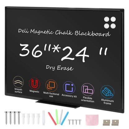 Deli Magnetic Blackboard Dry Erase Board, 36" x 24" Wall Mounted Black Board with Aluminium Frame for School and Home