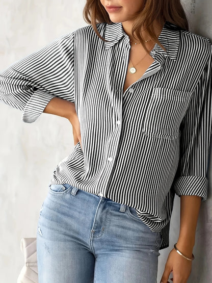 Women's striped shirt with pockets-long sleeves, casual and comfortable, suitable for all seasons