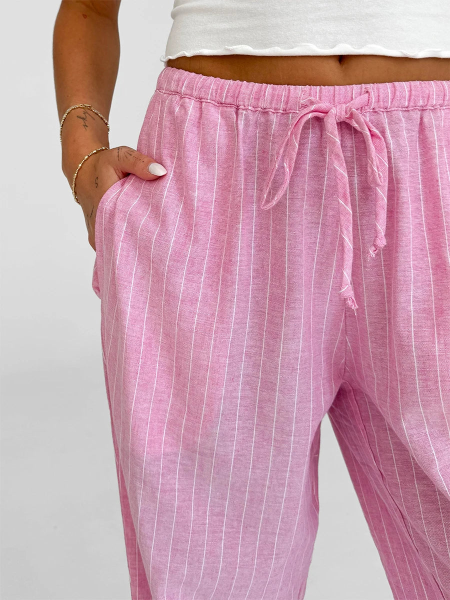 Women s Striped Loose Fit Pants with Drawstring Waist and Elastic Cuffs Lightweight Spring Fall Casual Trousers for Comfort