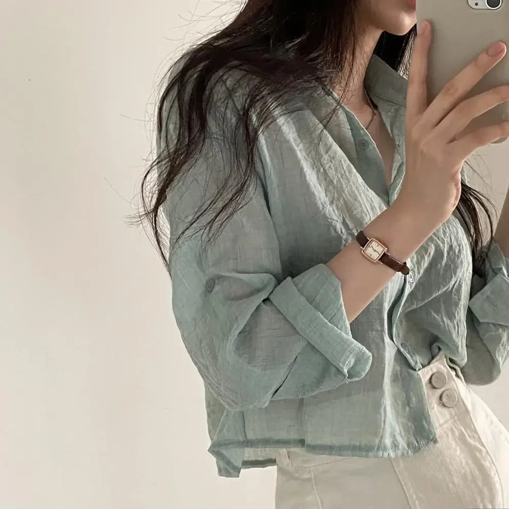 Trendy Shirt Blouse Simple Thin Pure Color
